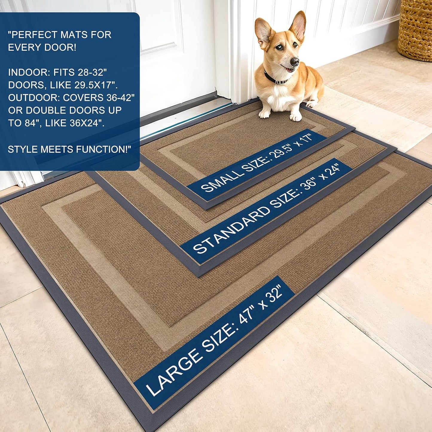 OLANLY Front Door Mat Indoor Outdoor Entrance, Waterproof All-Season, All-Weather Doormat, Sturdy Natural Rubber, Fade Resistant, Low Profile, Easy Clean Patio Porch Entryway Mat, 35x23, Light Borwn