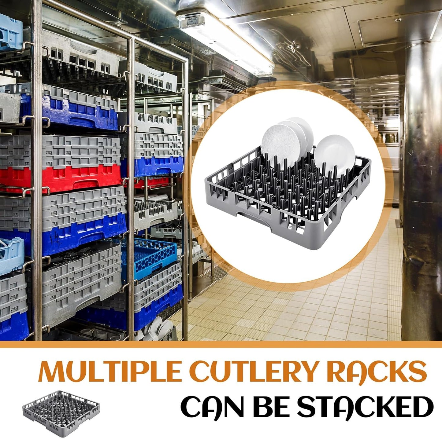 Commercial Dishwasher Tray Rack Polypropylene Full Size Flatware Rack for Bowls Plates Knives Forks Cups(19.7 x 19.7 x 3.97 Inch,Peg Dish,Gray)