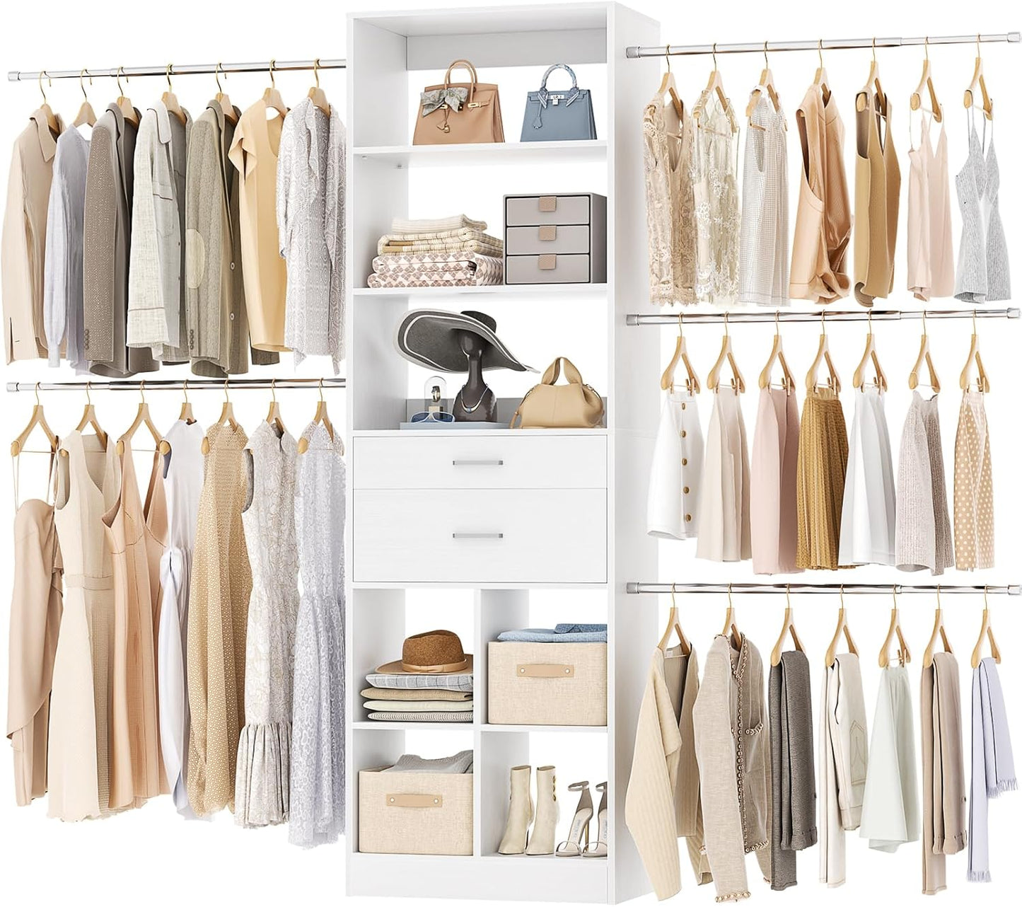 Closet System, 4-8 FT Closet Organizer Tower with 2 Wooden Drawers and Shelves, Can Fit 60 to 96 inch Walk-in Closet System with 5 Hanging Rods, Built-in, White