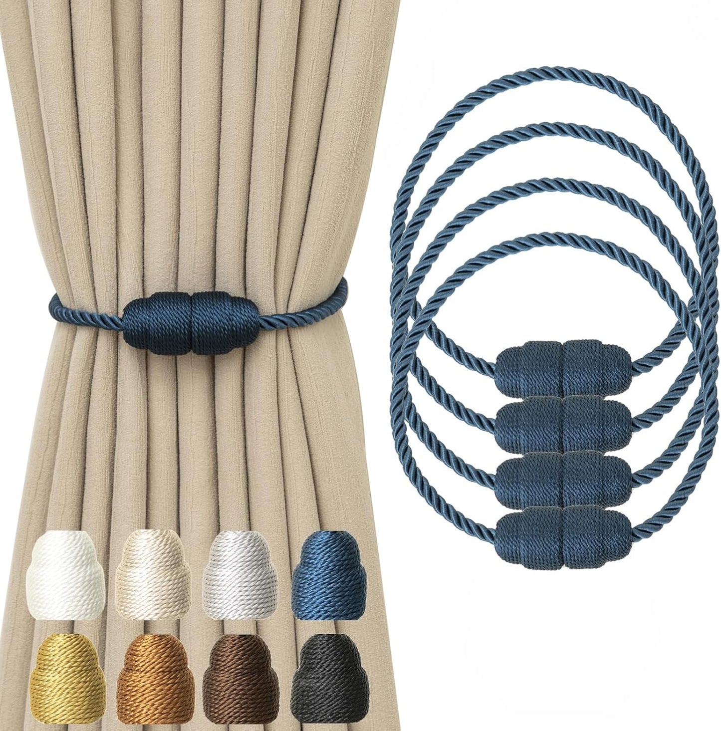 Magnetic Curtain Tiebacks - Rope Tiebacks for Curtains & Drapes, Decorative Window Holdbacks (4 Pack, Blue)
