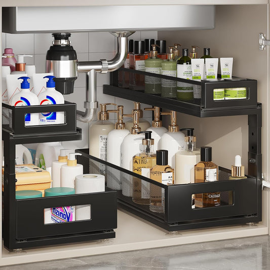 2 Pack 18.5IN-Depth Under Sink Organizer With Next-Gen Ball-Bearing Slides,2-Tier Pull Out Cabinet Storage,Height Adjustable Drawer Shelf for Bathroom,Kitchen,Laundry,Cabinet,Pantry-Black