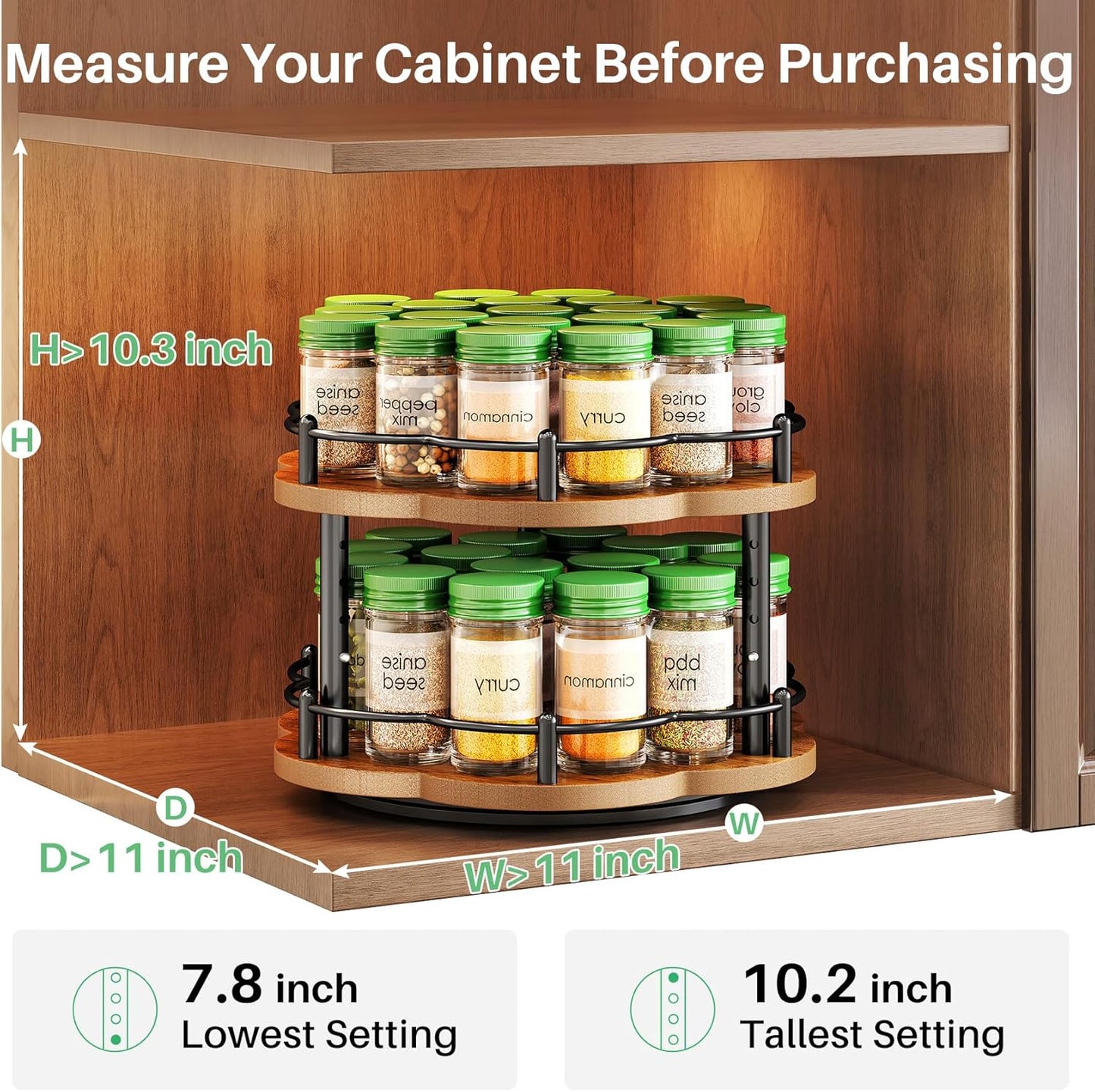 Lazy Susan Spice Rack Organization for Cabinet - 2 Tier Adjustable Height Lazy Turntable Spice Organizer for Kitchen Countertop & Pantry, Wood 10 Inch Seasoning Storage, Black