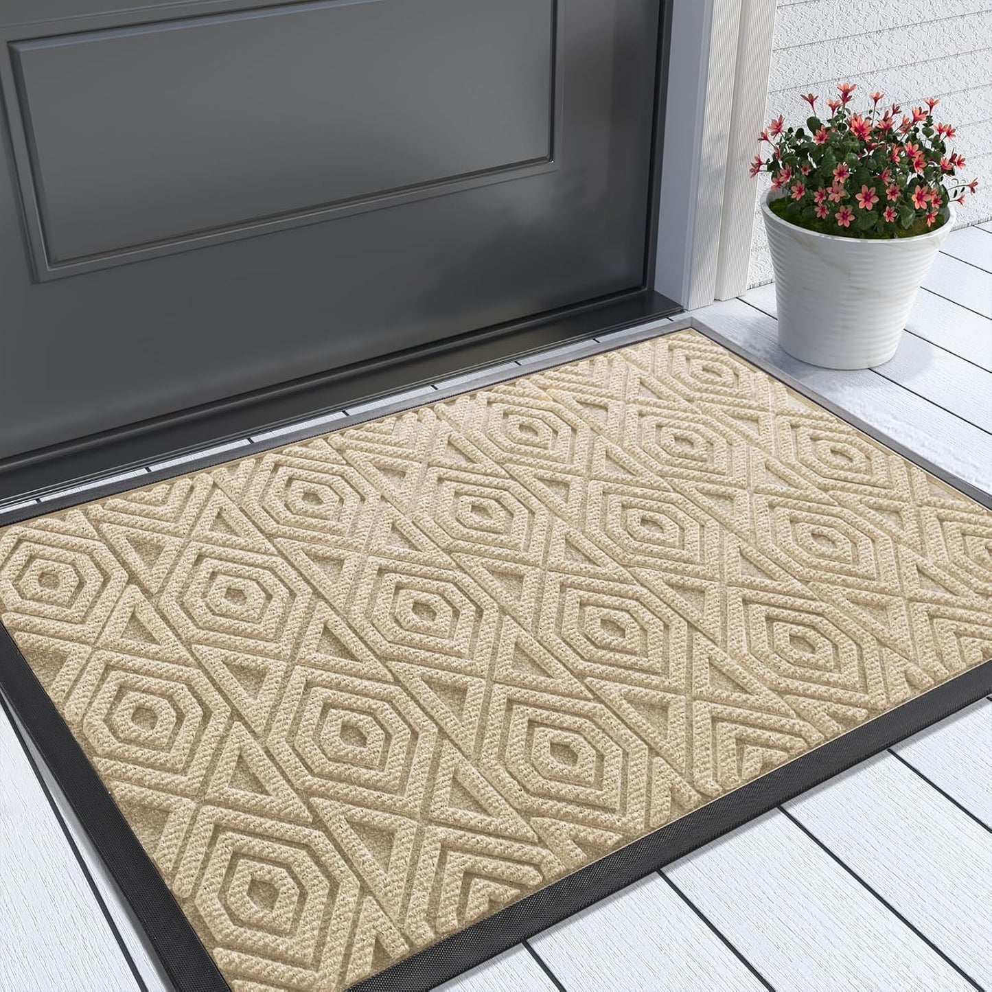 Yimobra Door Mat, Outdoor Indoor Entrance Welcome Mat, Heavy Entry Front Door Mat, Stain & Fade Resistant, Low Profile, Sturdy Rubber, Easy Clean Patio Floor Mat, Waterproof, 29.5 x 17, Light Beige