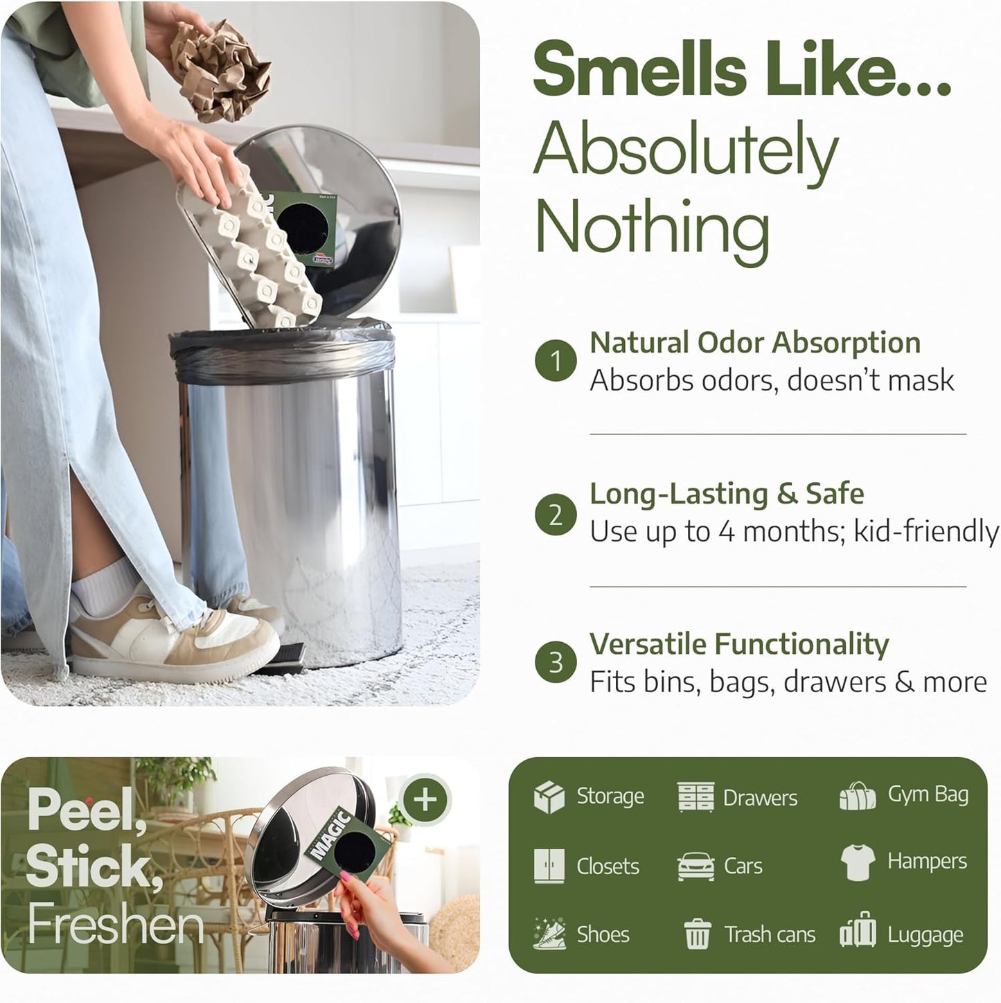 BioStrike Odor Magic - Activated Charcoal Odor Absorber Pads - Kitchen Odor Remover - Easy Peel & Stick Design - All Natural Filters for Trash Cans, Fridges & Small Spaces - Made in USA (8 Pack)