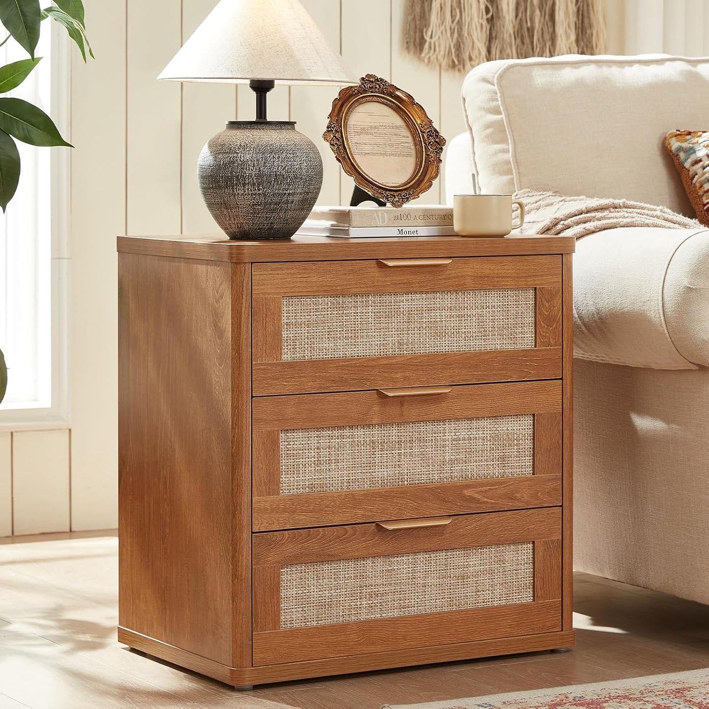 LEYAOYAO Rattan Night Stand Set of 2 with Drawers, 23" Large 3 Drawer Boho Nightstand, Natural Wood Bedside Table Storage Cabinet, Bed Side End Tables Dresser for Bedroom, Living Room, Hallway, Closet