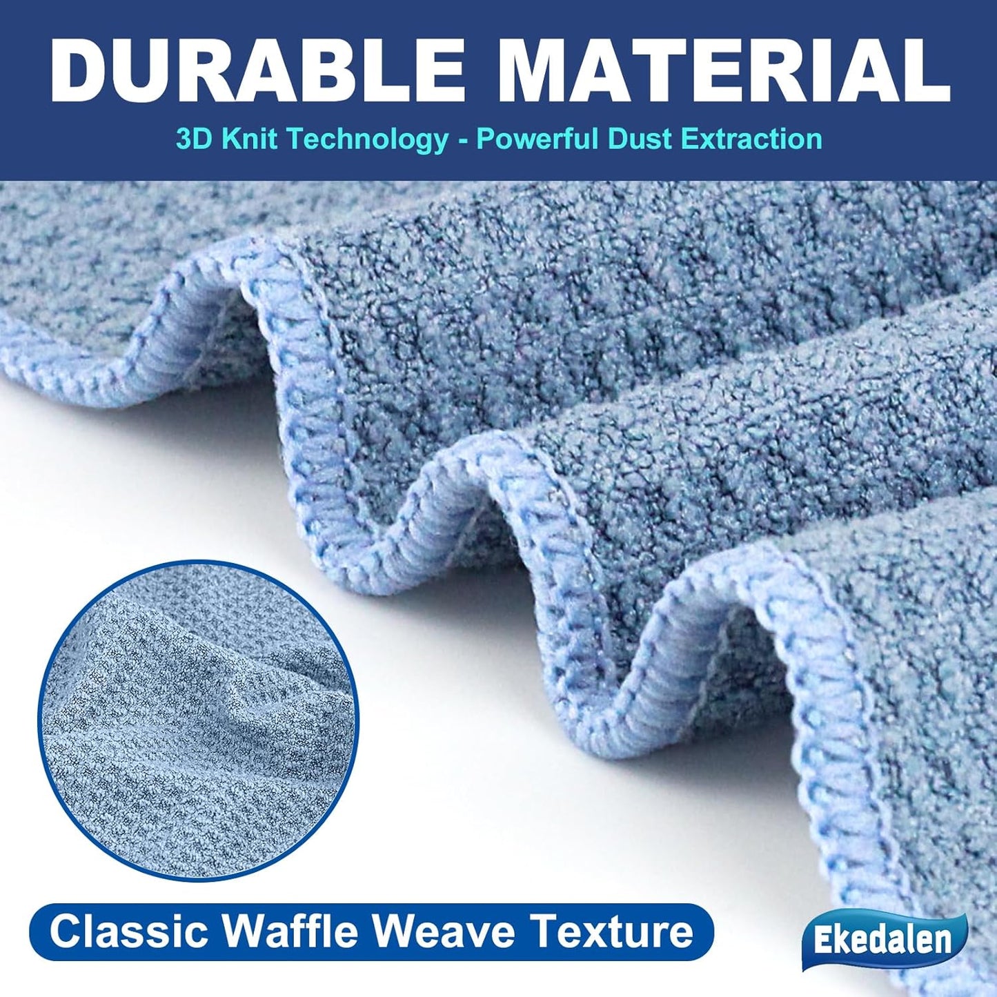 Microfiber Cleaning Cloth Waffle Weave for Dusting Absorbent Towel Quick Drying Dust Rags Household Kitchen, Lint Free Streak Free, 6 Pack,12 x 12 Inches, Blue