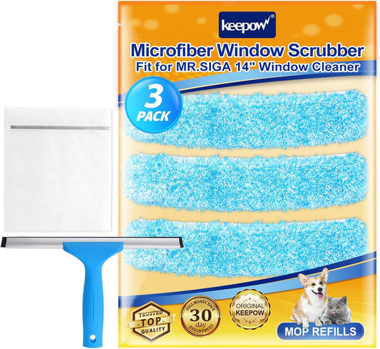 KEEPOW 14" Microfiber Window Scrubber Refill Replacement Compatible with MR.SIGA, Compatible with Ettore Professional Window Cleaning, Reusable & Washable Window Squeegee for Home (3 Pack)