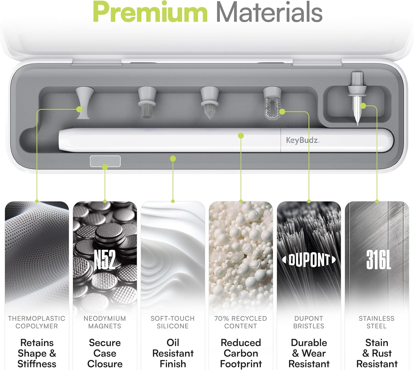 KeyBudz Air Care 2.0 AirPods Cleaning Kit - Patented Multi-Tool Cleaner with Interchangeable Brush Tips for AirPods, iPhone and Apple Devices with Sticky Squares Putty, Hard Case and Travel Pouch