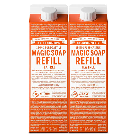 Dr. Bronner's Magic Soap-Pure-Castile Liquid Soap Refill (Tea Tree, 32 ounce, 2-Pack)-Regenerative Organic Certified Oils, For Body, Hair, Laundry & Dishes, Concentrated, Vegan, Non-GMO