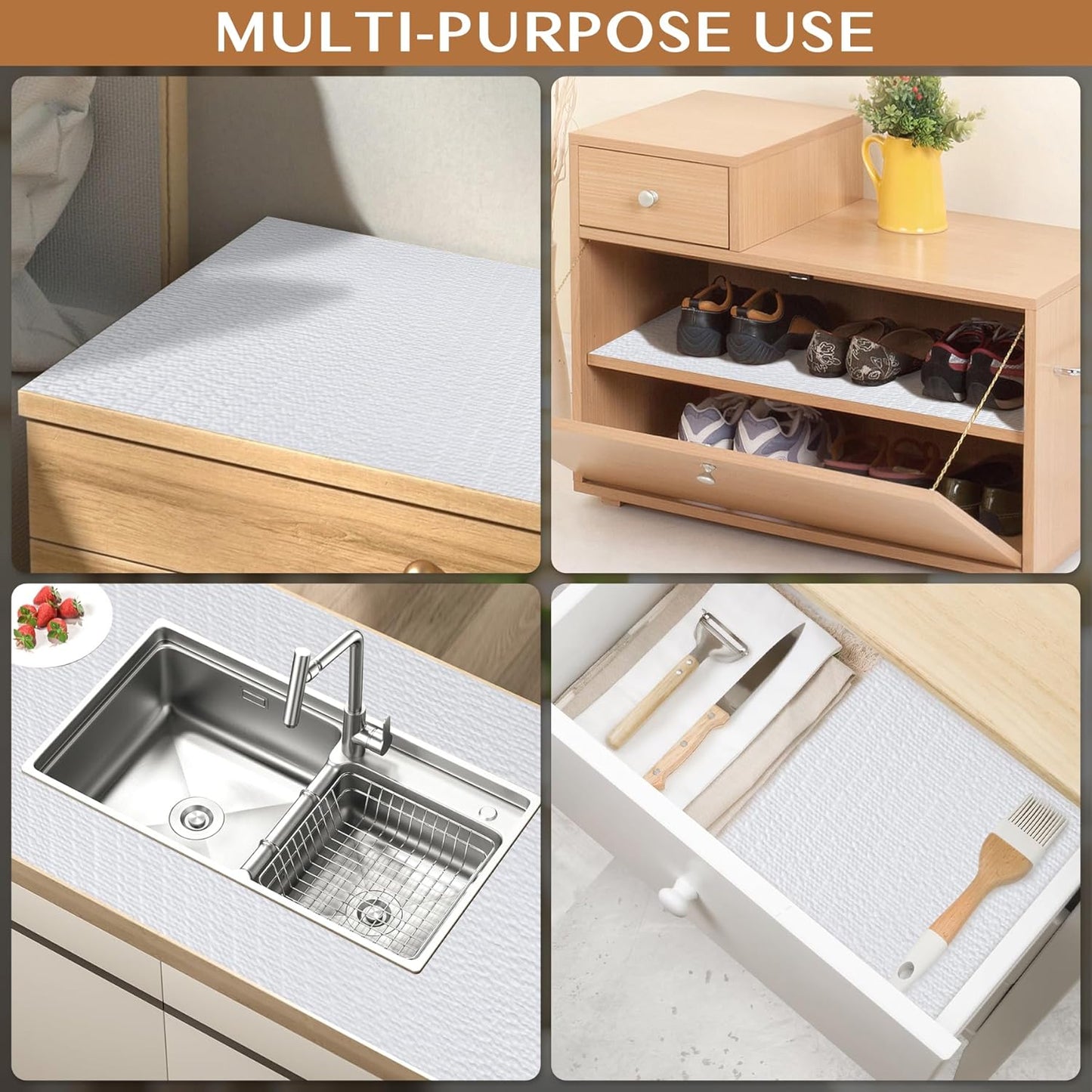 Non-Adhesive Shelf and Drawer Liner for Kitchen Cabinets, 12 in x 10FT Strong Non-Slip Cabinet Liners for Shelves, Refrigerator, Pantry Storage, Bathroom Closet, Easy to Clean & Cut, White