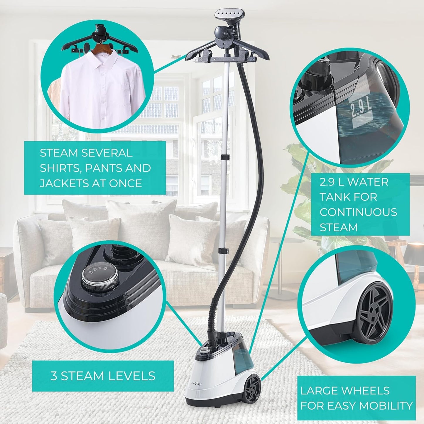 True & Tidy® Commercial Garment Steamer – Heavy Duty 1800W for Home & Commercial Use, 90+ Min Continuous Steam, Large 2.9L Tank, Wheels (X5A White Auto-Off, Smart Commercial Garment Steamer)