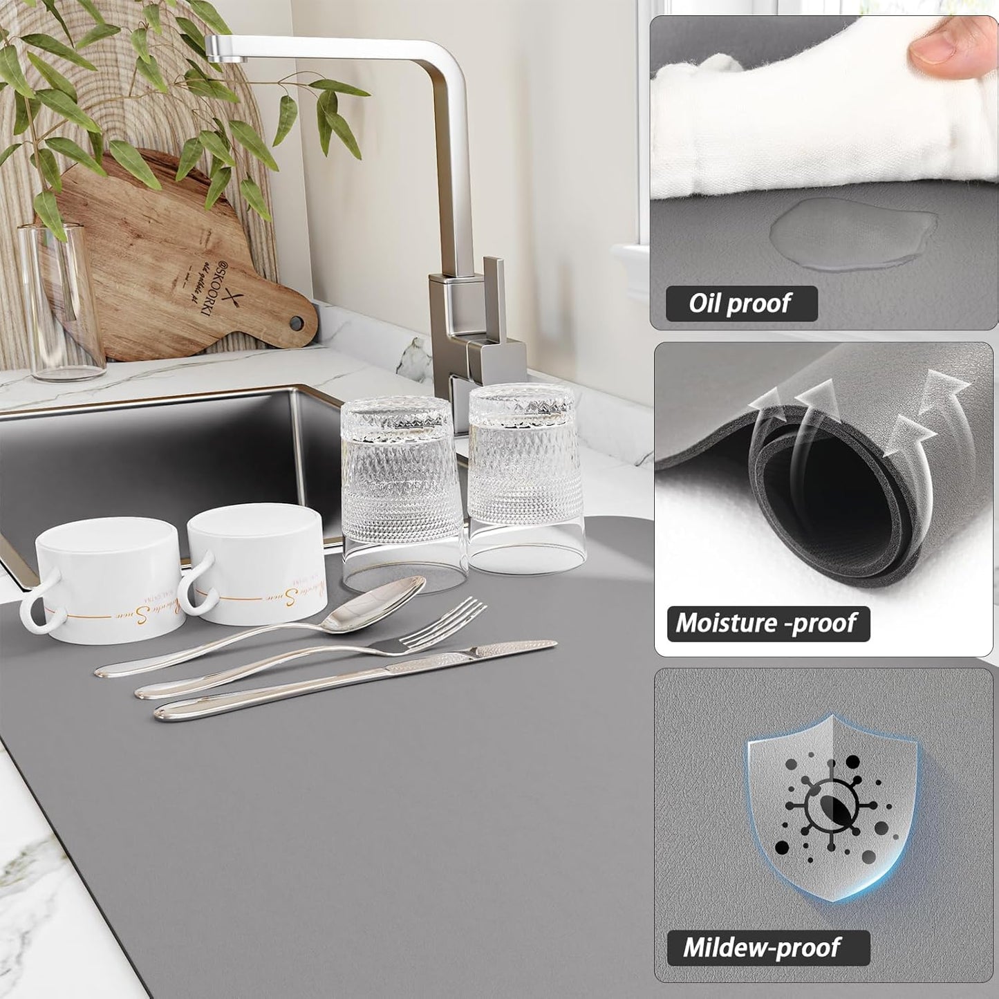 Dish Drying Mat for Kitchen Counter, Heat Resistant Drainer Mats with Non-slip Rubber Backed, Hide Stain Kitchen Super Absorbent Draining Mat, Easy to Clean Dish Rack Pad, Grey 18"x32"