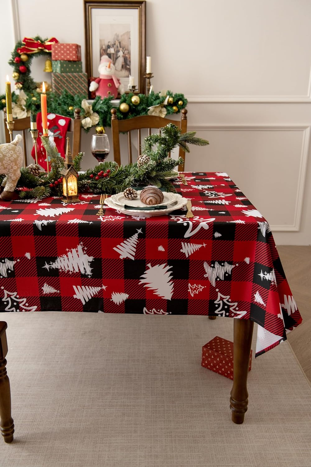 Red Waterproof Plaid Christmas Tree Tablecloth Fabric - Square 58x58 Inch Classic Gingham Checker Holiday Table Cloth for Indoor Use - Xmas Table Cover for Picnics, BBQs, and Parties