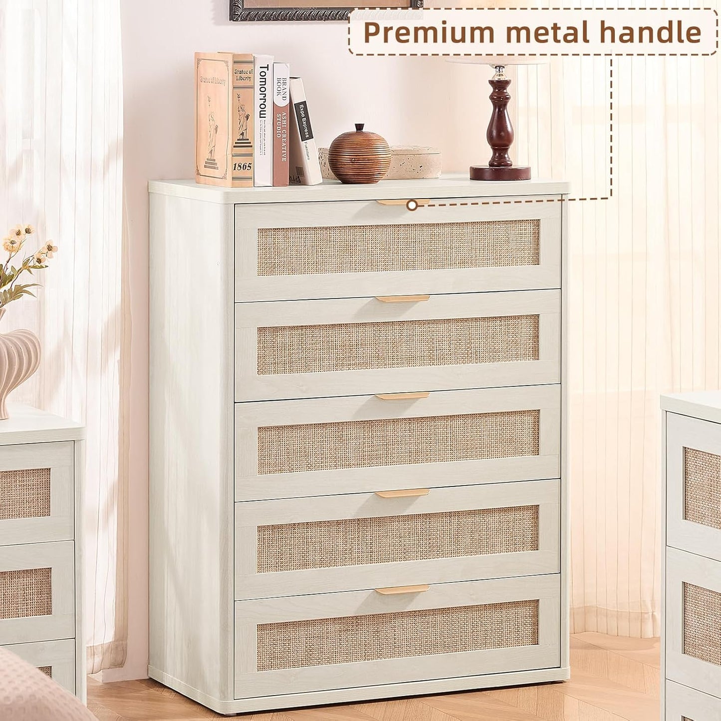 LEYAOYAO White Dresser for Bedroom, 41" Tall Chest of Drawers, Modern 5 Drawers Boho Rattan Dressers with Storage, Dresser Wooden Closet Organizer for Living Room, Hallway