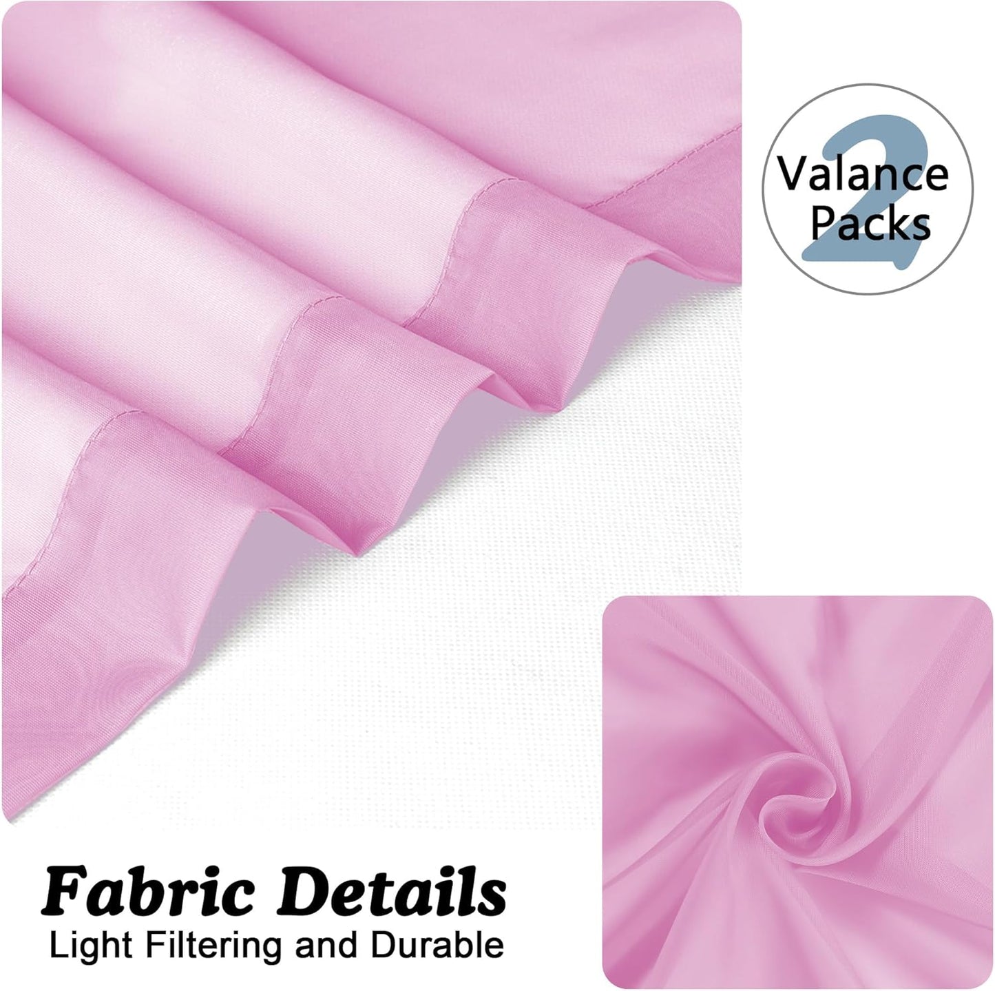 Chyhomenyc Pink Sheer Valances for Window 2 Pack, 42Wx14L Inches Small Sheer Cafe Curtains for Living Room Bathroom Study Cafe Laundry Basement, Cute Rod Pocket Voile Valance