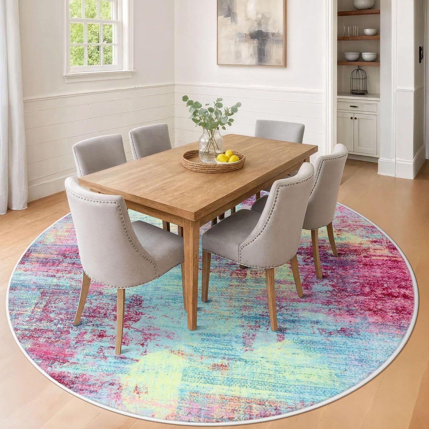 IOHOUZE Abstract Round Area Rug 8 Ft Washable Circle Rugs Large Round Rug Non Slip Thin Soft Circle Rugs, Printed Faux Wool Floor Carpet for Bedroom Living Room Dining Room Nursery, Pink Teal