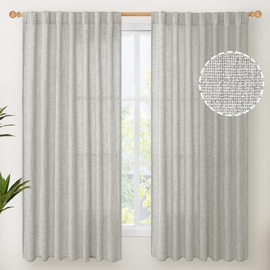YoungsTex Light Grey Linen Curtains 63 Inch Length 2 Panels for Living Room, Back Tab and Rod Pocket Light Filtering Window Drapes for Bedroom Farmhosue Decorative Privacy, 60 X 63 Inch