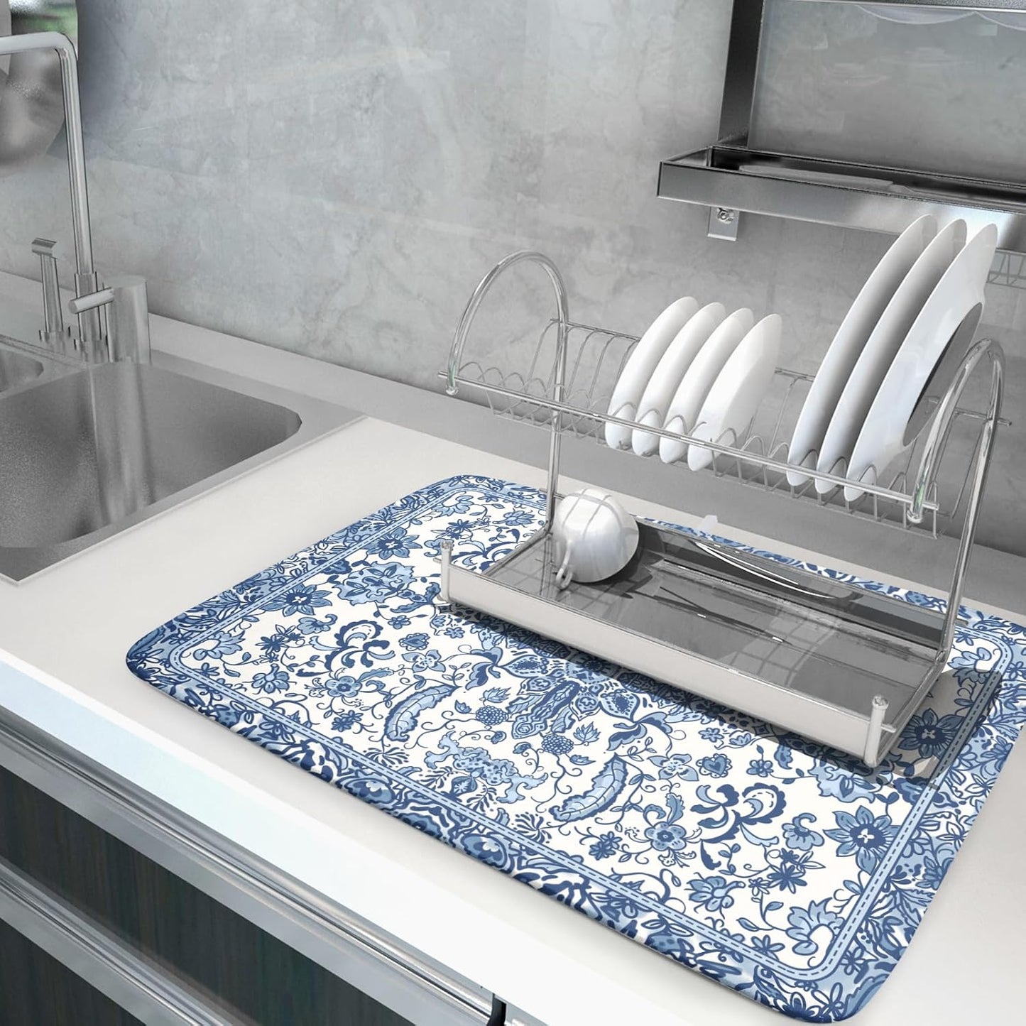 Chinoiserie Floral Dish Drying Mat for Kitchen Counter Blue and White Flowers Pattern Dish Drying Pad 16”x18”Absorbent Reversible Seasonal Decor Dishes Drainer Pad Dish Dry Rack Mat for Counter top