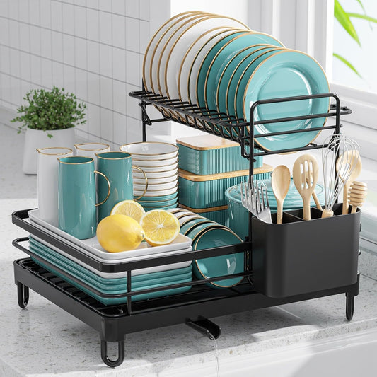Dish Drying Rack - X-Large Stainless Steel Dish Rack for Kitchen Counter, 2-Tier Kitchen Organizers and Storage for Dishes, Bowls, Cutlery, Black