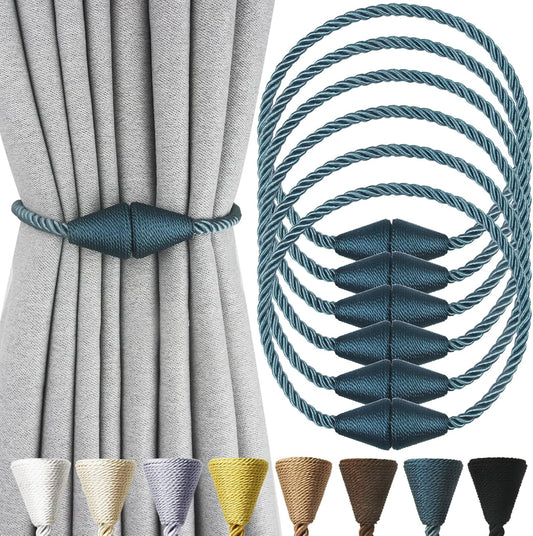 6 Pack Magnetic Curtain Tiebacks Rope Modern Handmade Curtain Tie Backs Decorative Drapes Weave Holdbacks for Window Décor, Blue