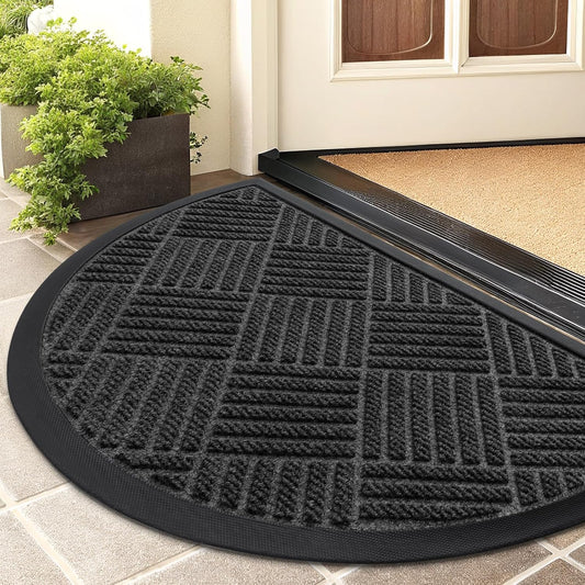 Smiry Half Circle Front Door Mat Outside Entrance, Heavy Duty Outdoor Indoor Natural Rubber Doormat, Non Slip, Trap Dirt and Moisture, Easy Clean, Low Profile Patio Porch Entryway Mat, 29.5x17, Black
