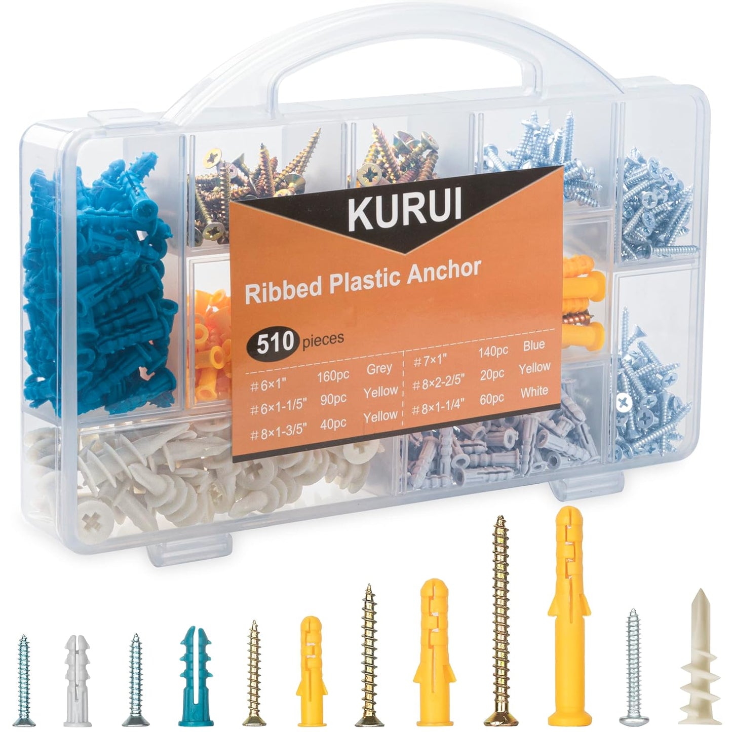 KURUI 510Pcs Wall Hanging Kit with Anchors and Screws, Picture Hanging Kit for Wall Decor Art, Frame, Canvas, Dry Wall Anchors Assortment Kit for Sheetrock Concrete Brick, 6 Sizes Picture Hangers