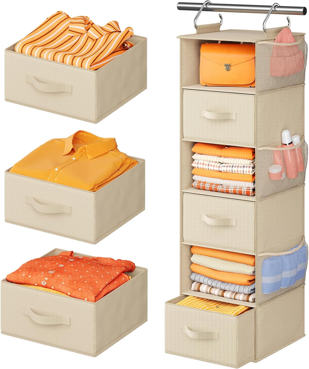 Pipishell Hanging Closet Organizer 6-Shelf, Hanging Shelves for Closet with 3 Removable Drawers & Side Pockets, Hanging Shelf Organizer for Bedroom or Garment Rack, 12'' x 12'' x 43.3'', Beige