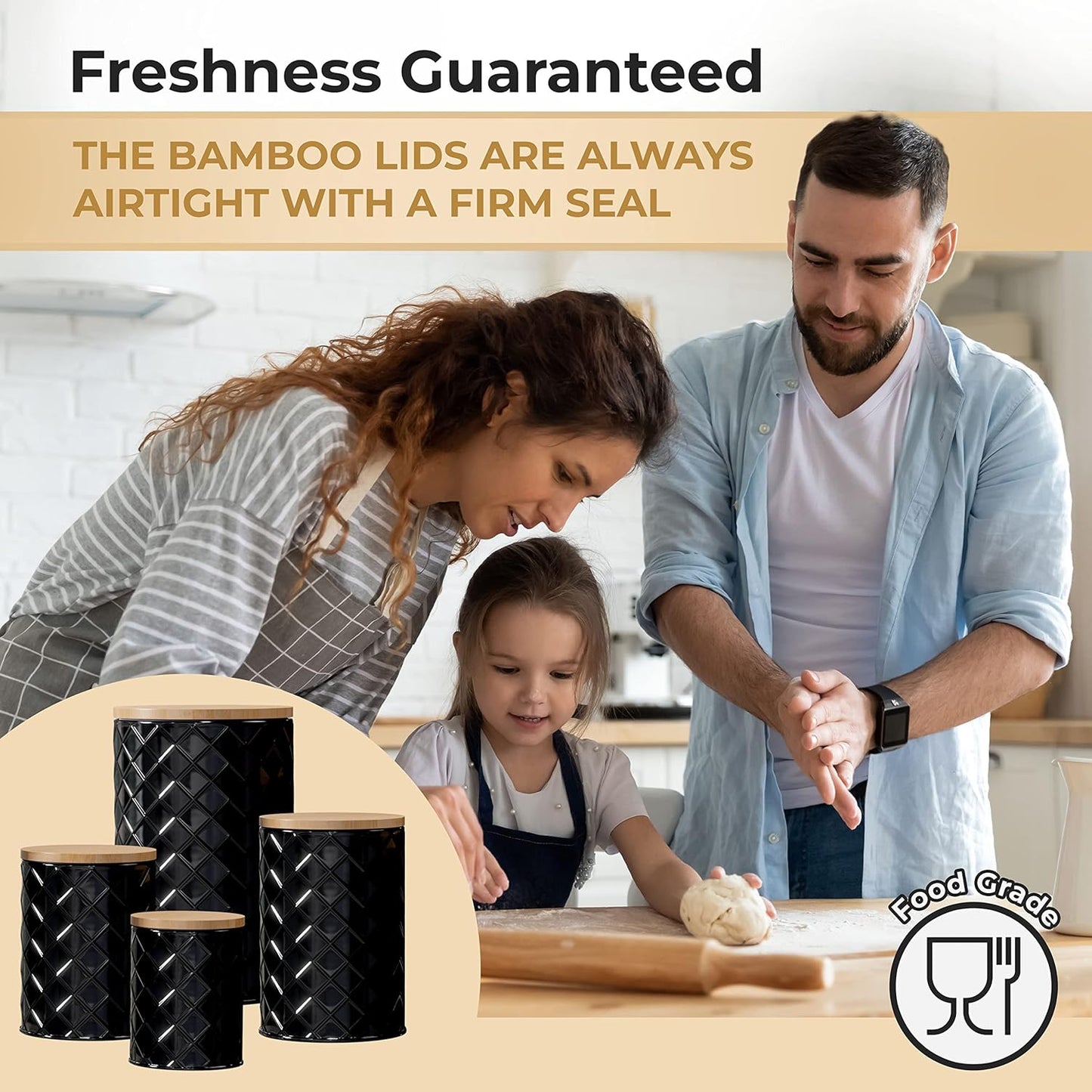 Pebble & Stem® Black Metal Canister Set for the Kitchen Counter, Food Canister Set of 4, Airtight Lids, Sugar and Flour Containers for Countertops, Coffee and Tea Storage, Farmhouse Decor