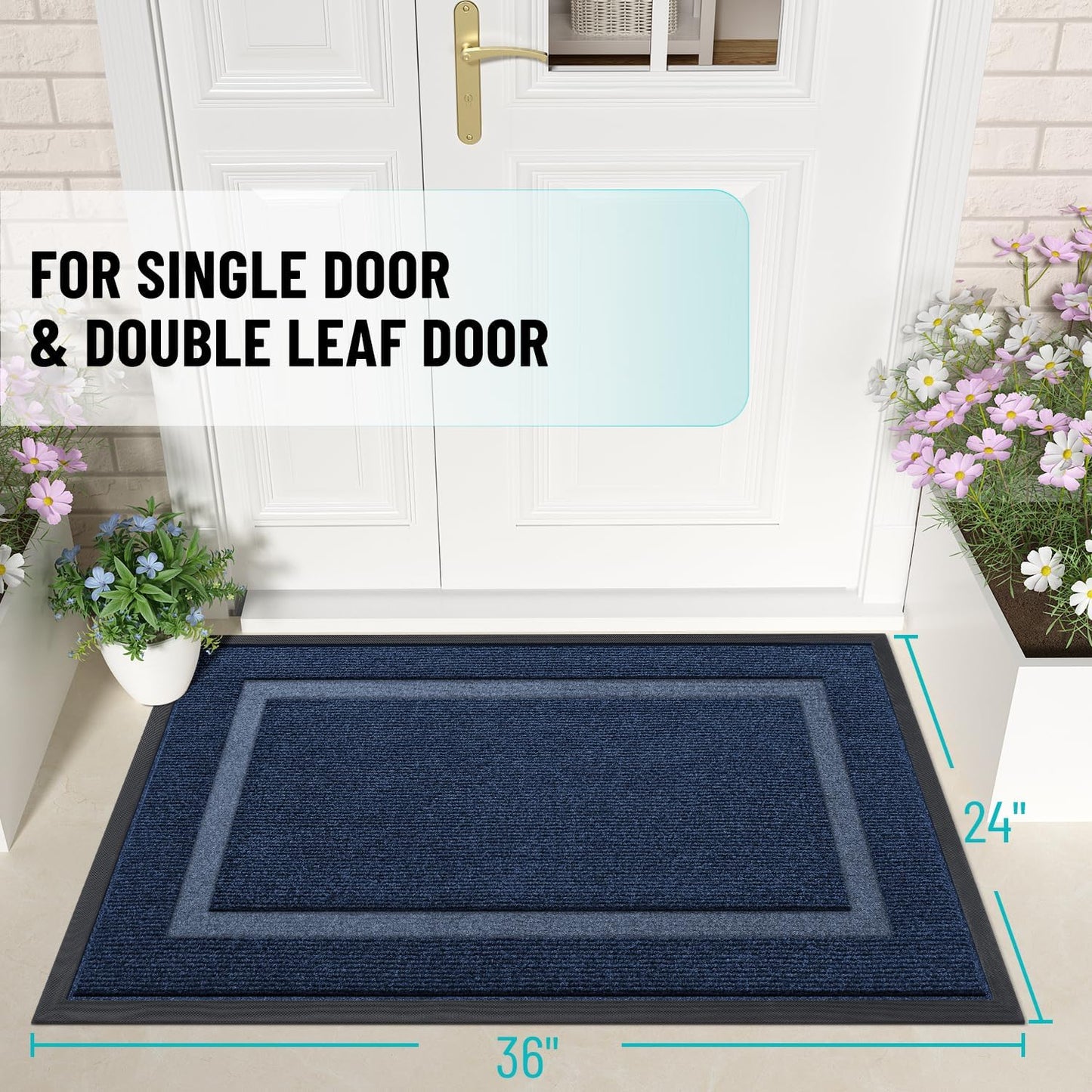 OLANLY Front Door Mat Indoor Outdoor Entrance, Waterproof All-Season, All-Weather Doormat, Sturdy Natural Rubber, Fade Resistant, Low Profile, Easy Clean Patio Porch Entryway Mat, 36x24, Blue