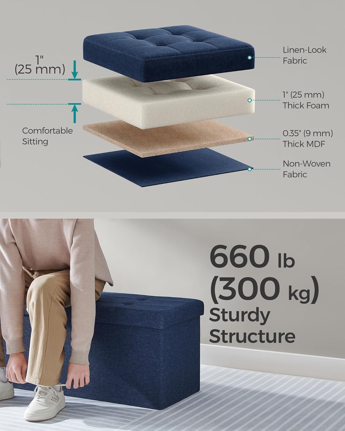 SONGMICS Mazie Collection - 43 Inches Storage Ottoman, Foldable Storage Bench with Flipping Lid, 660 lb Load Capacity, for Entryway, Living Room, Bedroom, Midnight Blue ULSF076Q02