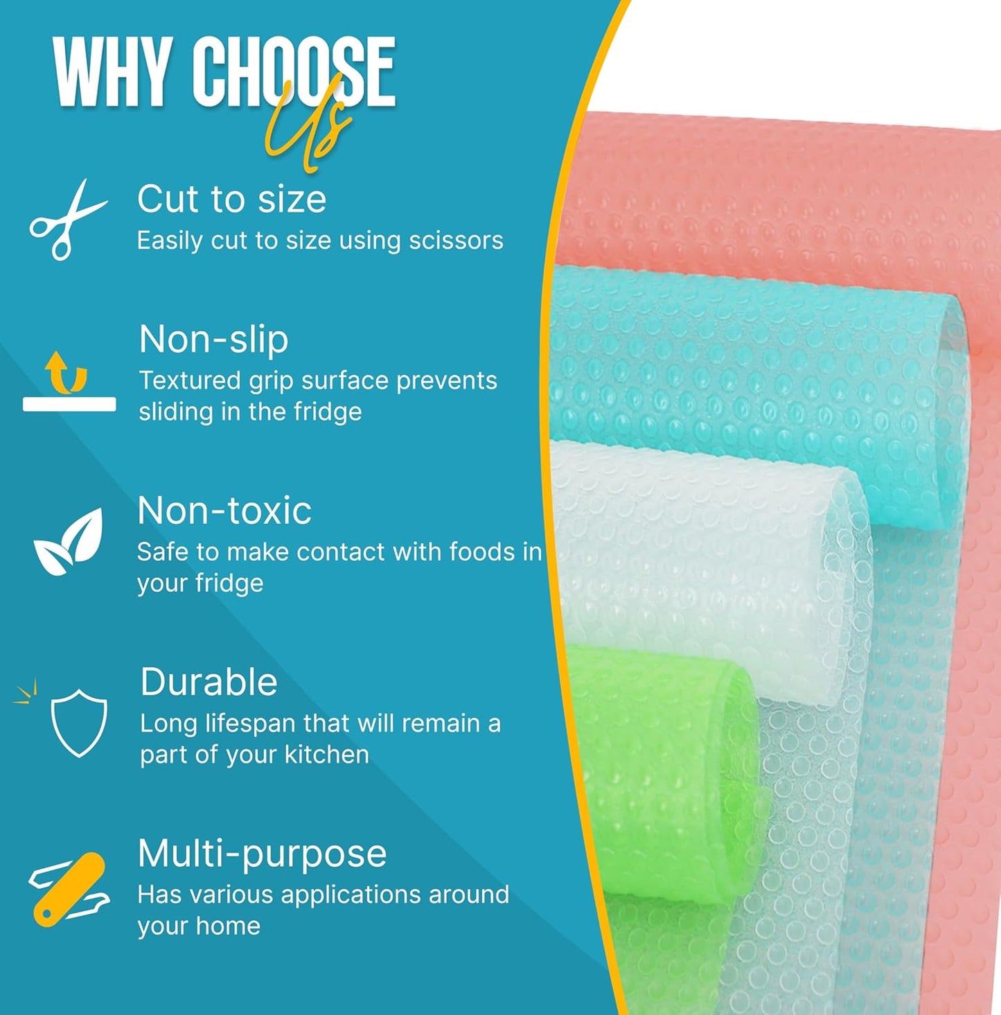 Refrigerator Liners for Shelves (12 Pack) by Linda’s Essentials - Non-Adhesive Shelf or Drawer Liner, BPA-Free Fridge Mats for Kitchen & Cabinets, Easy to Clean, Ideal Household Essentials(MultiColor)