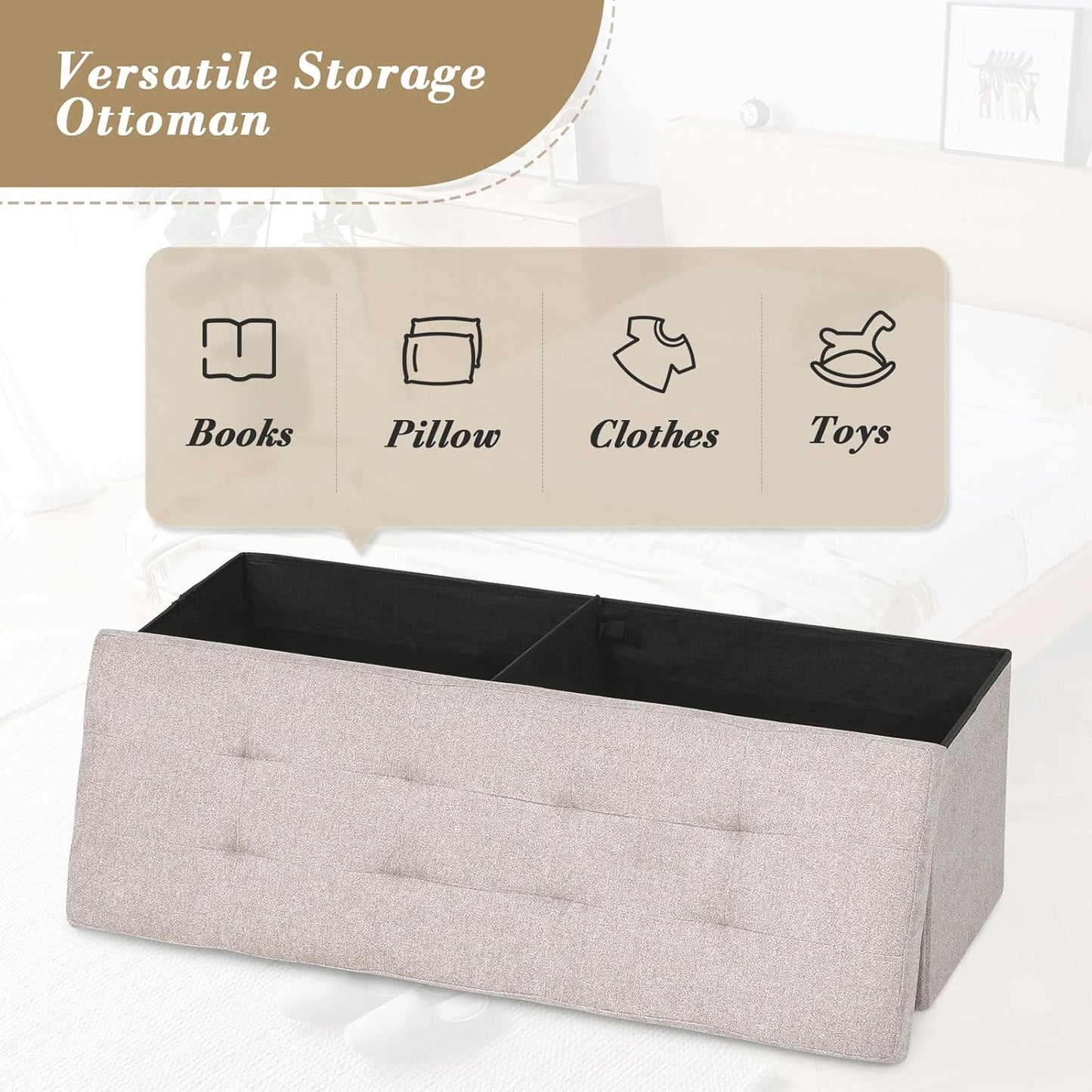 Athena Collection 43" Storage Ottoman Bench Folding Bench with 130L Hidden Storage, Large End of Bed Bench Linen Foot Rest Stool Chest with Flipping Lid for Living Room Bedroom Entryway, Sandy Beige