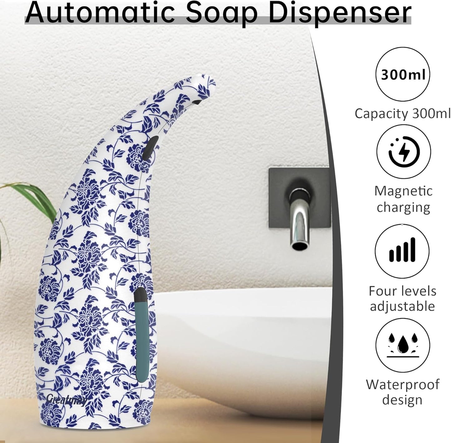 Adjustable Automatic Soap Dispenser Touchless, 4 Adjustable Levels Touchless Sensor Liquid Soap Pump Dispenser，300ml Rechargeable Magnetic Charging Hand Soap Dispenser for Kitchen，Bathroom