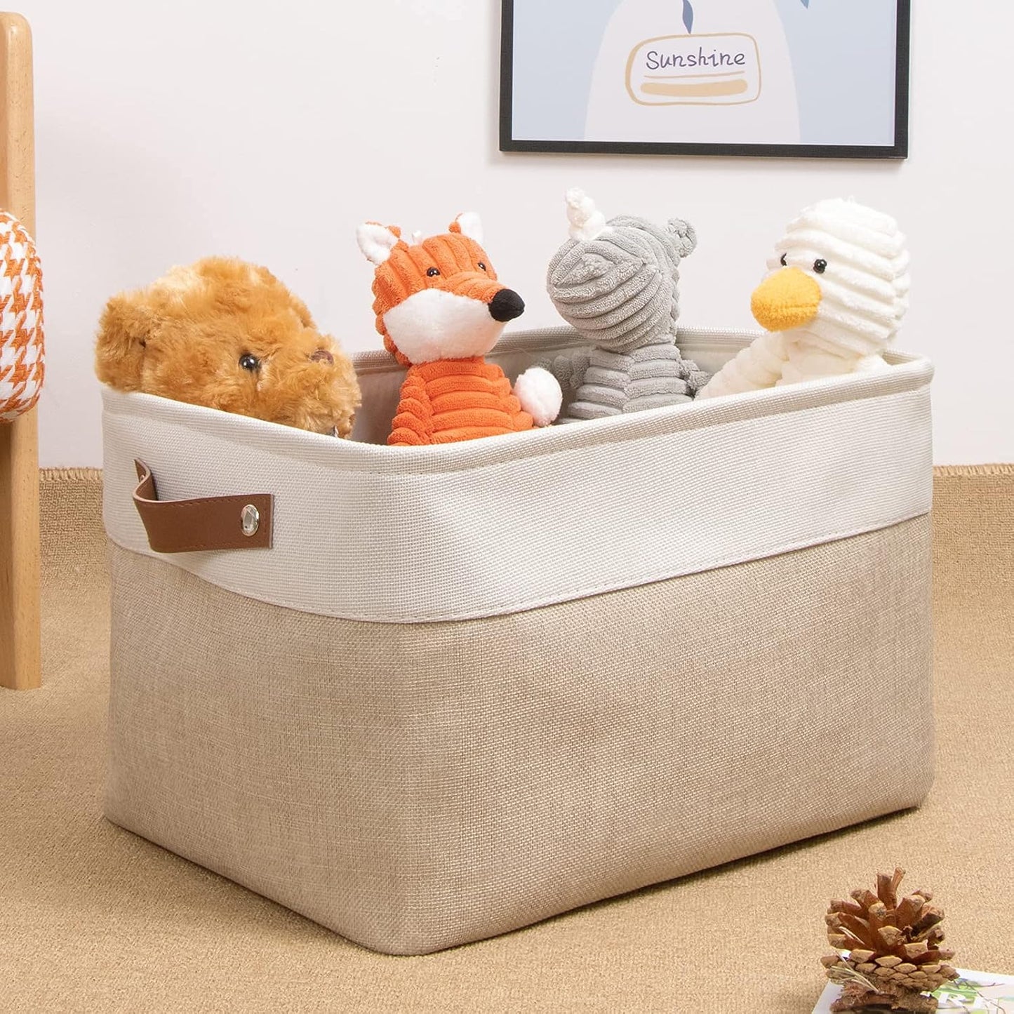 DULLEMELO Collapsible Rectangle Fabric Storage Basket for Organizing Clothes, Toys, Towels, Books, Laundry, Nursery, Dog Toys (White & Khaki)