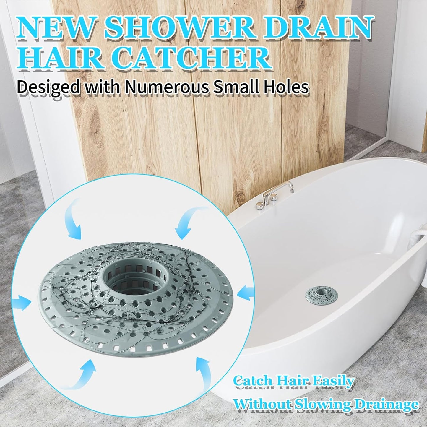 Shower Hair Drain Catcher, Silicone Bathtub Drain Hair Catcher Strainer, All-in-one Tub Hair Catcher Drain Protector for 1.48'' to 1.76'' Regular Drains, 3PCS/Greyish Blue