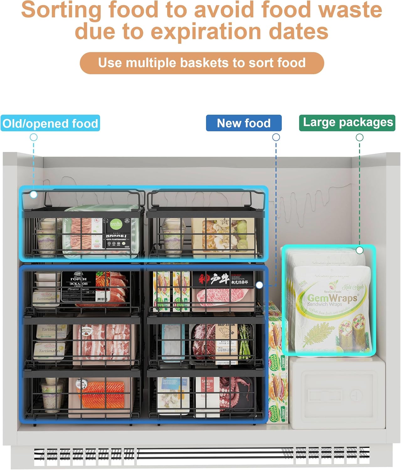 UMDONX 4 Pack Expandable Freezer Organizer Bins Large Freezer organizer Bins Stackable 11.4" Expand to 17.9", Fit 10 to 20 Cu.FT Black