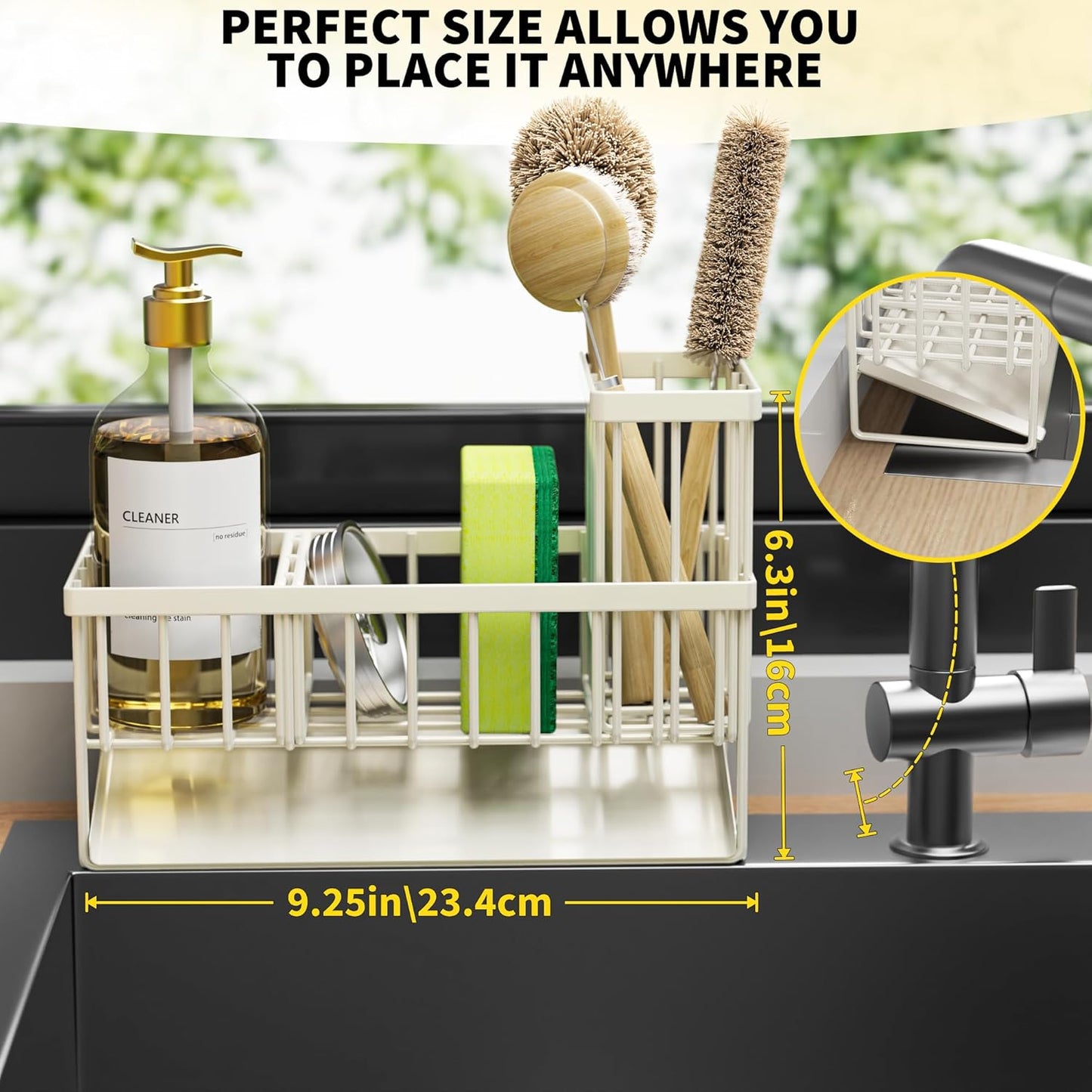 Cisily Off White Sponge Holder for Kitchen Sink, Sink Caddy Organizer with High Brush Holder, Kitchen Countertop Rustproof 304 Stainless Steel, Soap Dispenser Kitchen Organizers and Storage Essentials