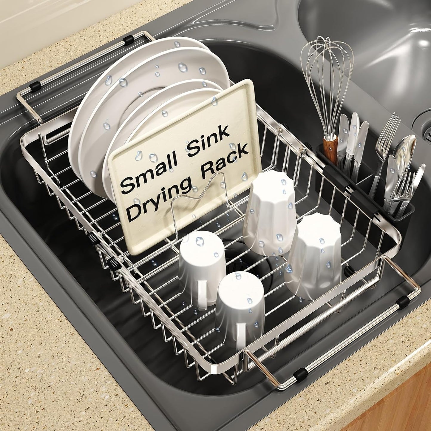 Small Expandable Over The Sink Dish Drainer Drying Rack in Stainless Steel Metal for Kitchen, Counter Space Saving Compact Above Plate Dryer Strainer, Adjustable Hanging Inside Sink Wire Drain Holder