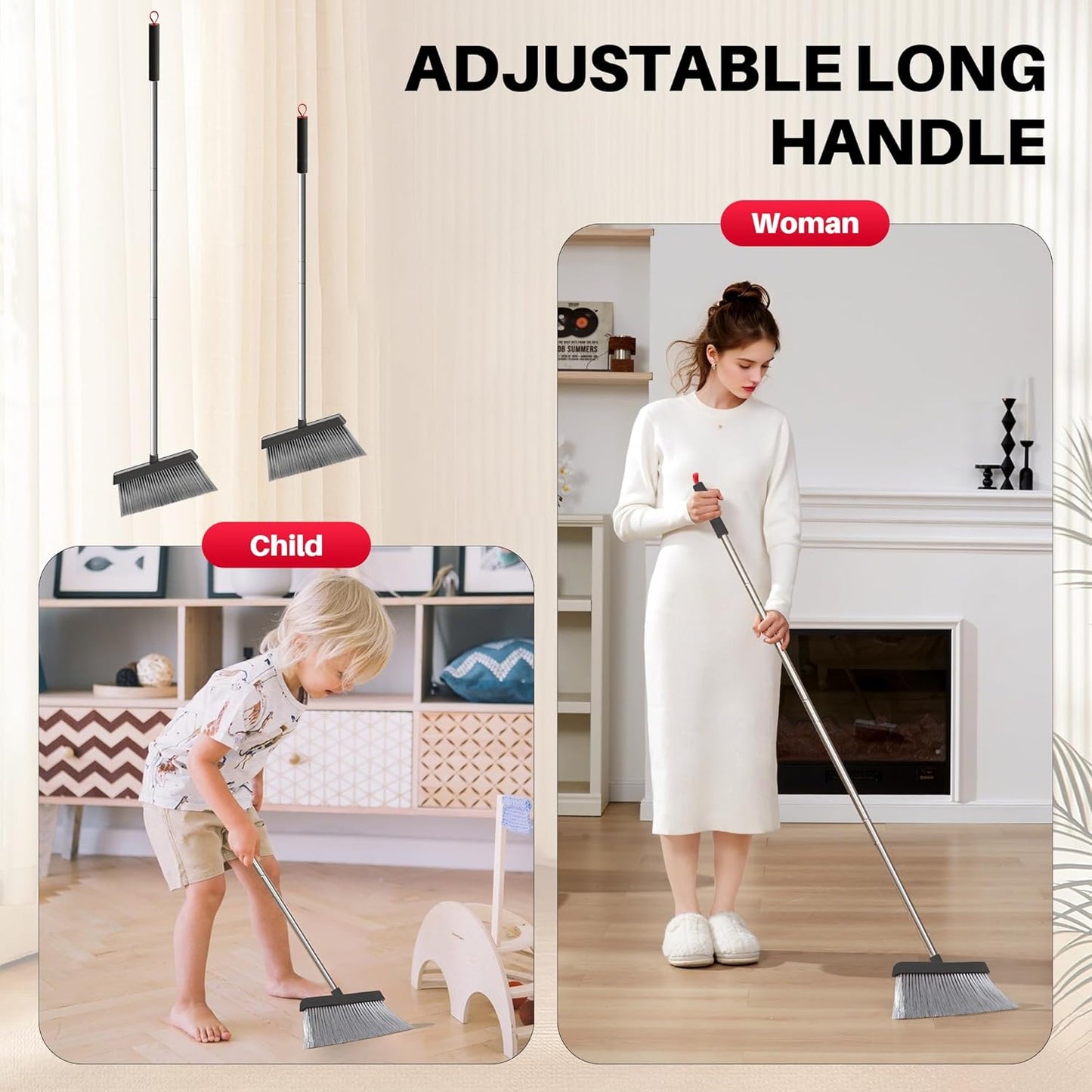 JOYMOOP Black and Red Broom and Dustpan Set, Upright Angle Design with Built-in Comb Teeth for Home, Office, Hard Floors