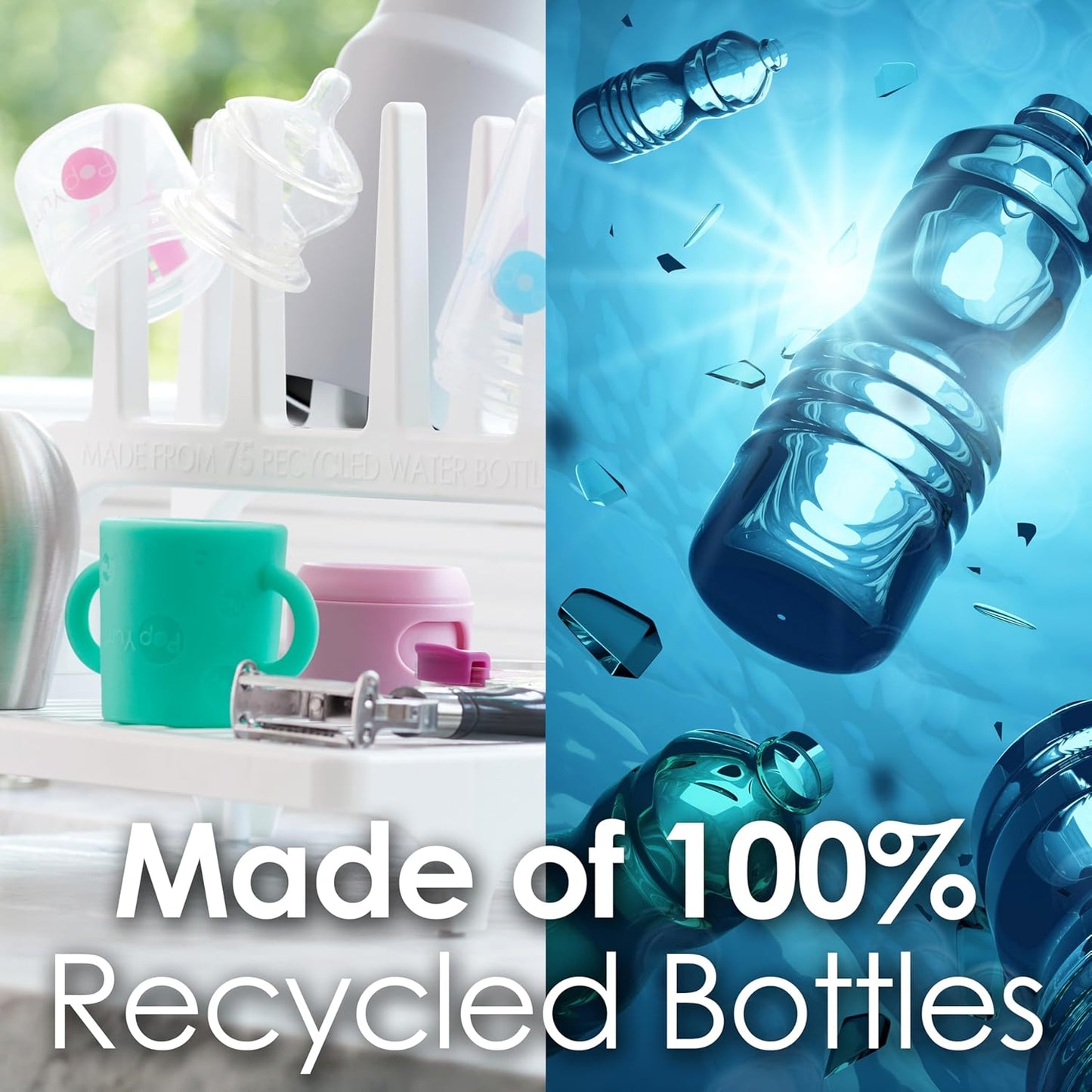 PopYum Seattle Gray Space Saving Drying Rack from 100% Recycled Bottles with Clear Frosted Silicone Drying Mat, countertop for Baby Bottle, Plastic Bags, Cups, Glass, tumblers, Compact