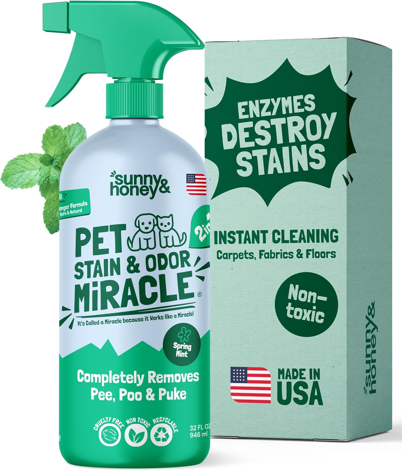 Sunny & Honey Pet Stain & Odor Miracle - 32 Fl Oz, Spring Mint Scent - Carpet Cleaner & Enzyme Spray for Carpets, Mattresses & Upholstery - Rug Shampoo & Dog Pee Cleaner & Odor Remover