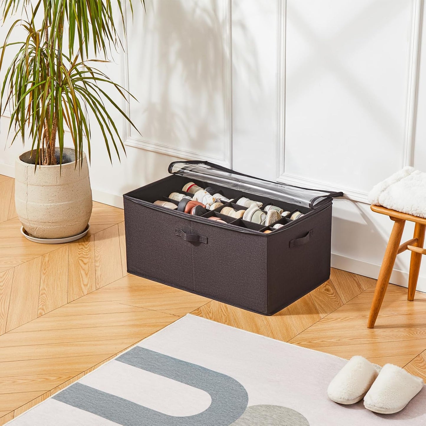 Shoe Storage Organizer for Closet, Shoe Box Organizer, Space Saving Foldable Shoe Rack, Shoe Storage Cabinet with Clear Cover and Reinforced Handles, Fits 20 Pairs, Black