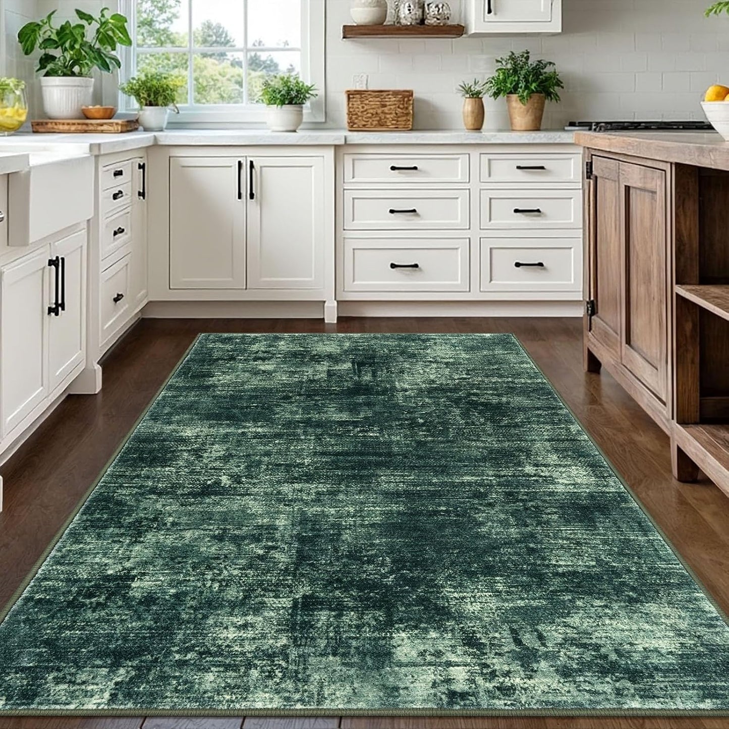 IOHOUZE Abstract Area Rugs 5x7 Ft Washable Rugs for Living Room, Non Slip Dining Room Rug, Printed Faux Wool Rugs for Bedroom, Floor Carpet for Kitchen Nursery Playroom, Dark Green