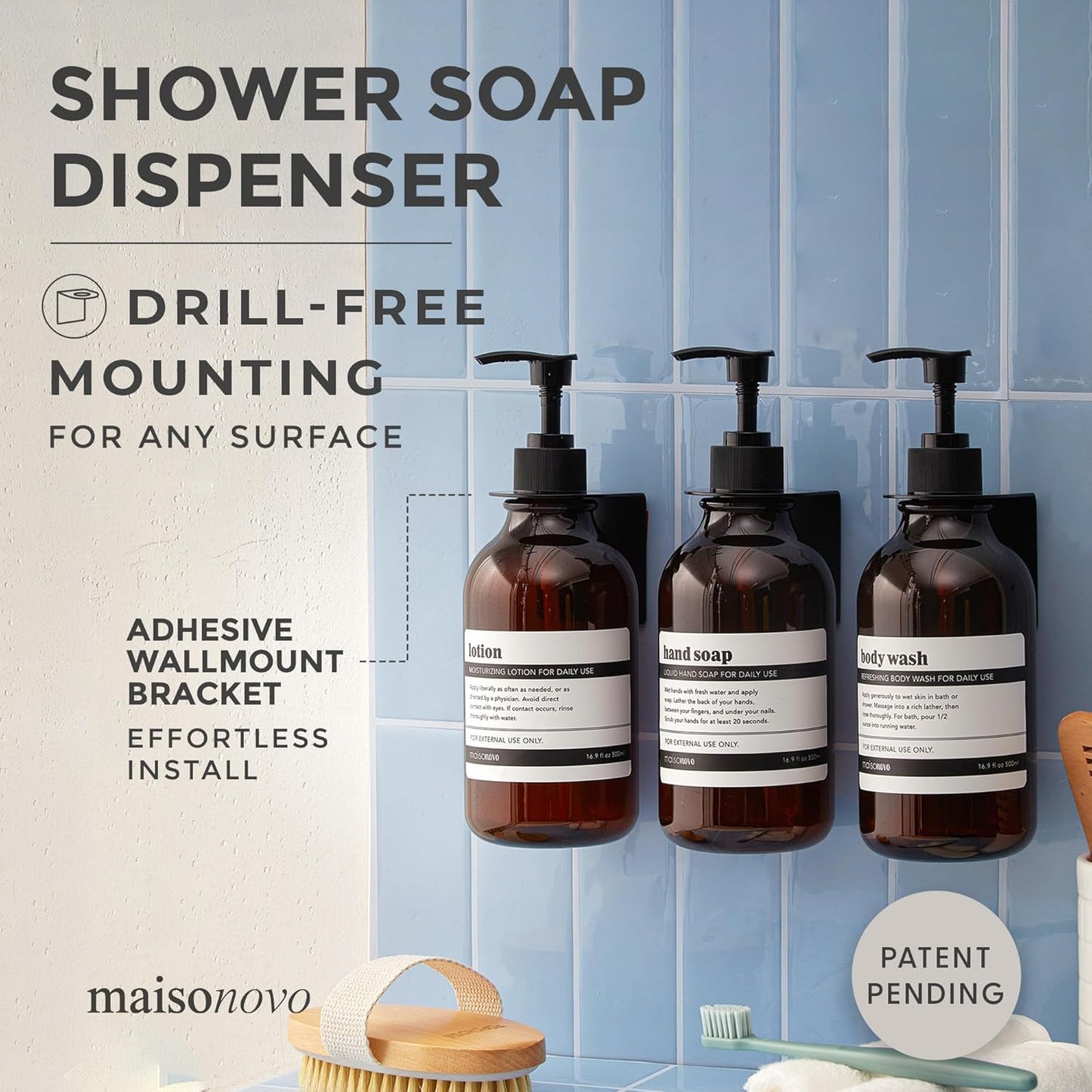 MaisoNovo Shampoo and Conditioner Dispenser - Shower Soap Dispenser Wall Mounted - 16.9 fl oz Set of 3 Amber Plastic Bottles Black Pump - 3 Chamber No Drill