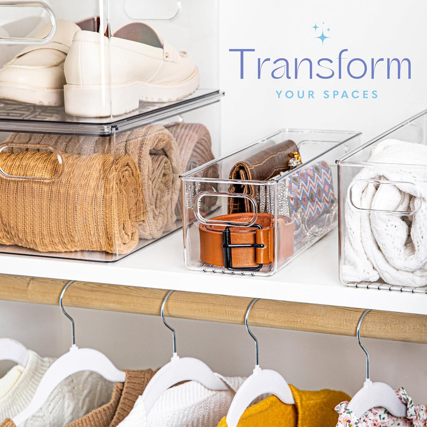 Plastic Food Storage 4 Pack Clear Container Bin with Handles for Organizing Kitchen, Pantry, Refrigerator, Freezer, Pantry, Cabinet, Closet, Bathroom. 14”x4”x4”