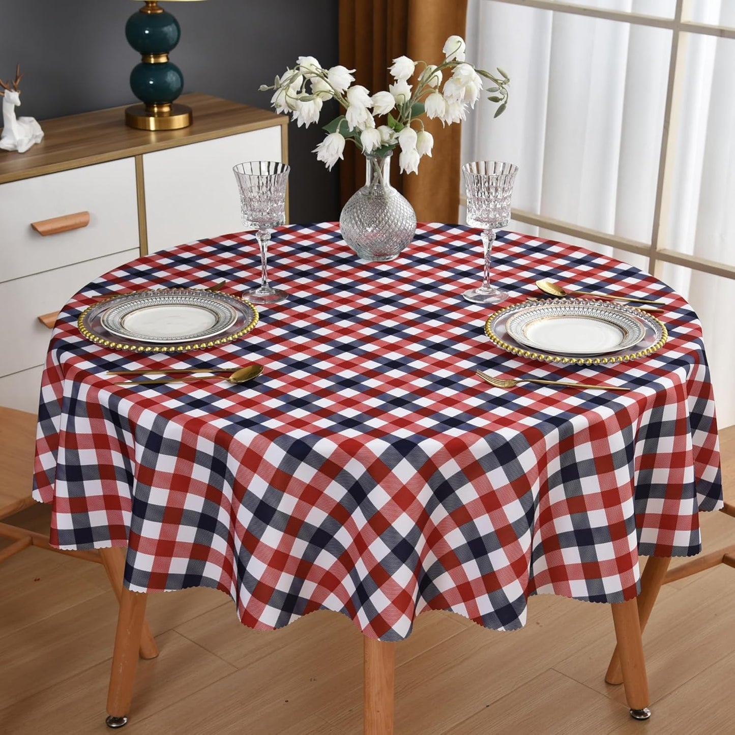 Waterproof Plaid Tablecloth Fabric - Round 50 Inch Classic Gingham Checker Table Cloth for Indoor/Outdoor Use - Buffalo Table Cover for Picnics, BBQs, and Parties