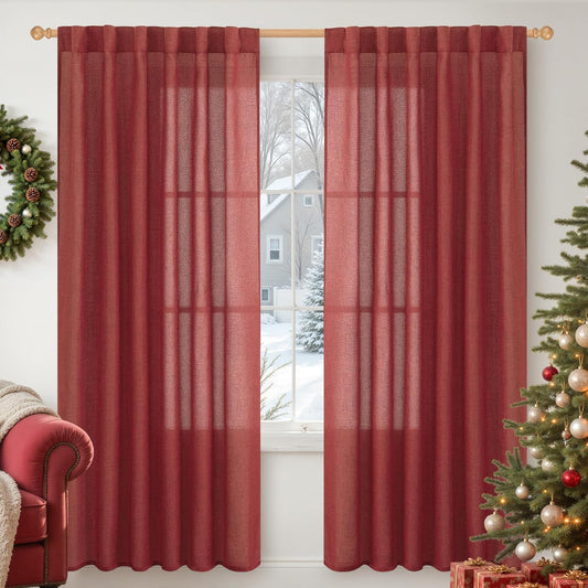 YoungsTex Red Linen Semi Sheer Curtains 78 Inch Length for Living Room, Christmas Light Filtering Window Drapes with Rod Pocket Back Tab for Dining Bedroom, 2 Panels, 52 X 78 Inch