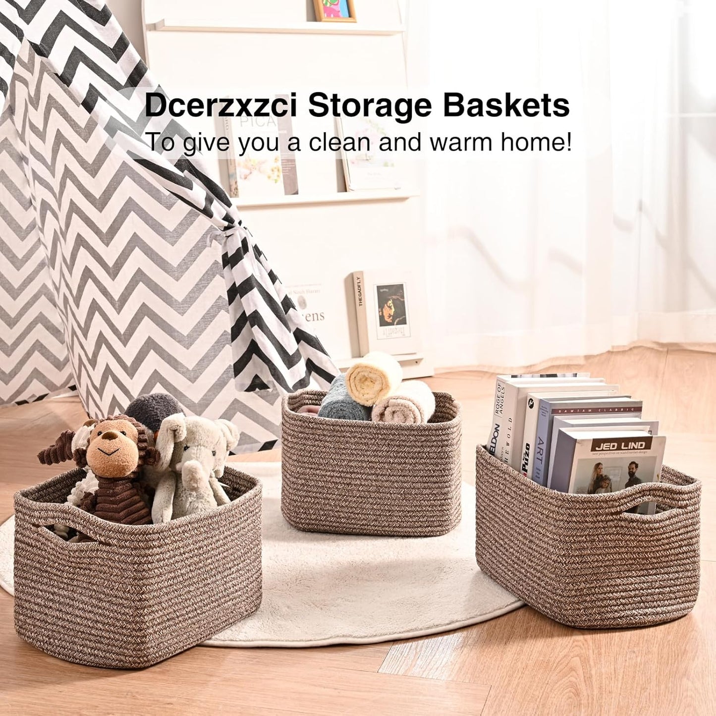 Small Storage Baskets for Organizing Shelves, Cotton Rope Basket for Storage, Cute Rectangular Book Toy Basket, 12.7"×9.1"×7.9", 4 Packs, Dark Brown