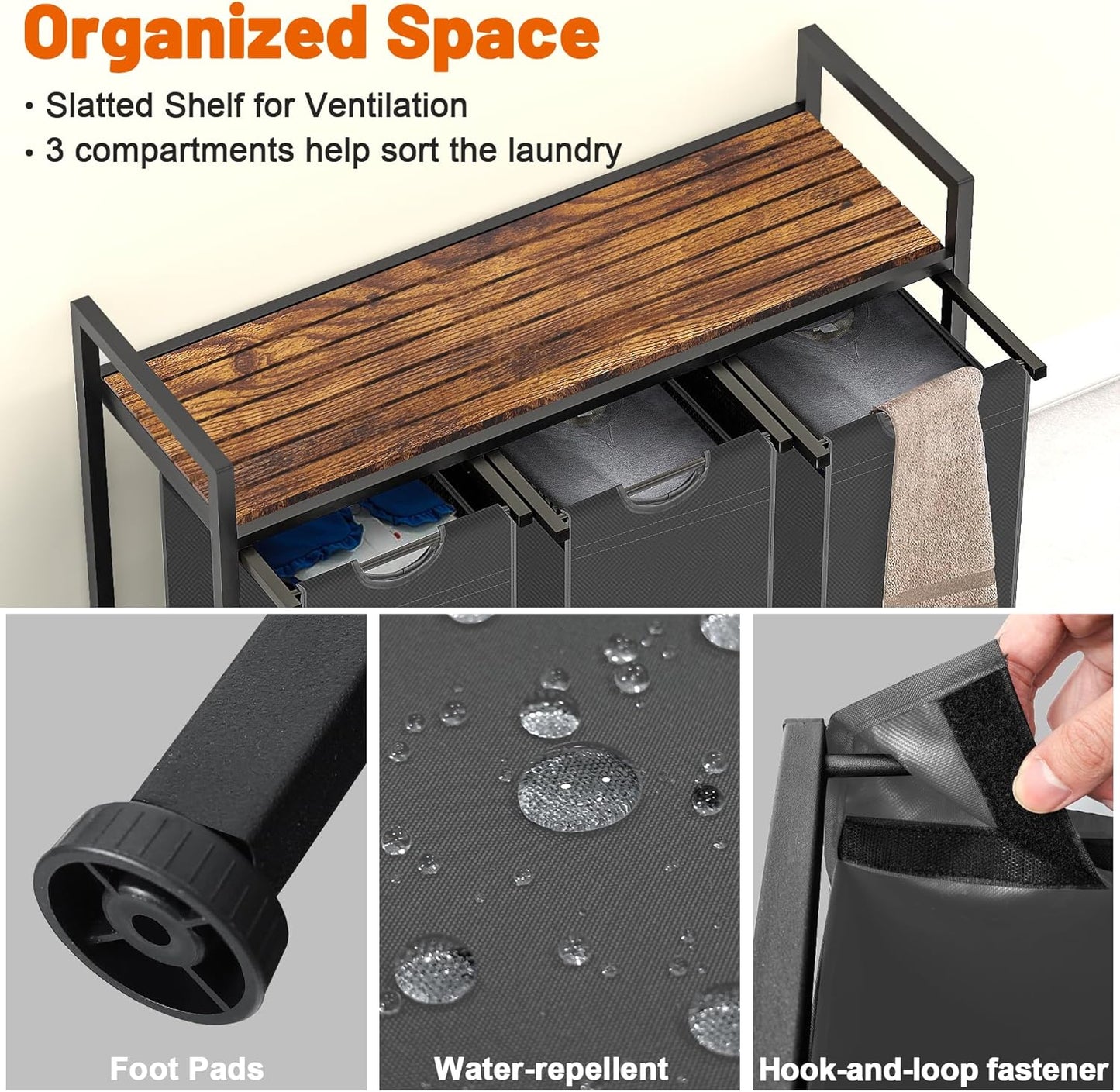 Laundry Hamper, Laundry Sorter with 3 Pull-Out Removable Oxford Fabric Bags Cloth Laundry Basket 3 x 10 Gallons (Grey and Rustic Brown)