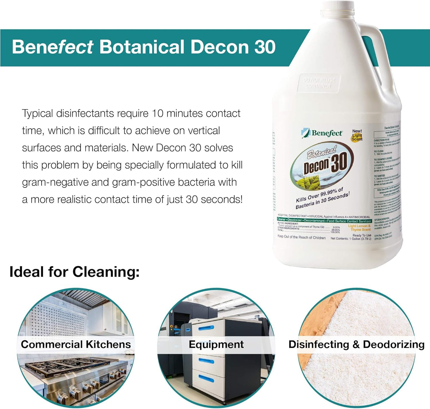 Benefect Botanical Decon 30 Disinfectant Cleaner - All Natural Formula for Effective Cleaning Power - Ideal for Restoration Jobs & Water Damage - 4 Gallons (4 Pack of 1-Gallons)